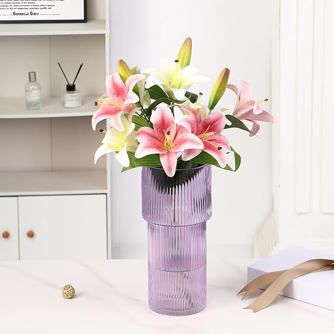 Purple Glass Vase, 12 Inches Tall Vase for Flowers, Large Flower Vases for Bouquet, Modern Purple Glass Vases for Living Room, Dining Table, Office, Entryway, Mantle, Shelf, Wedding Gifts