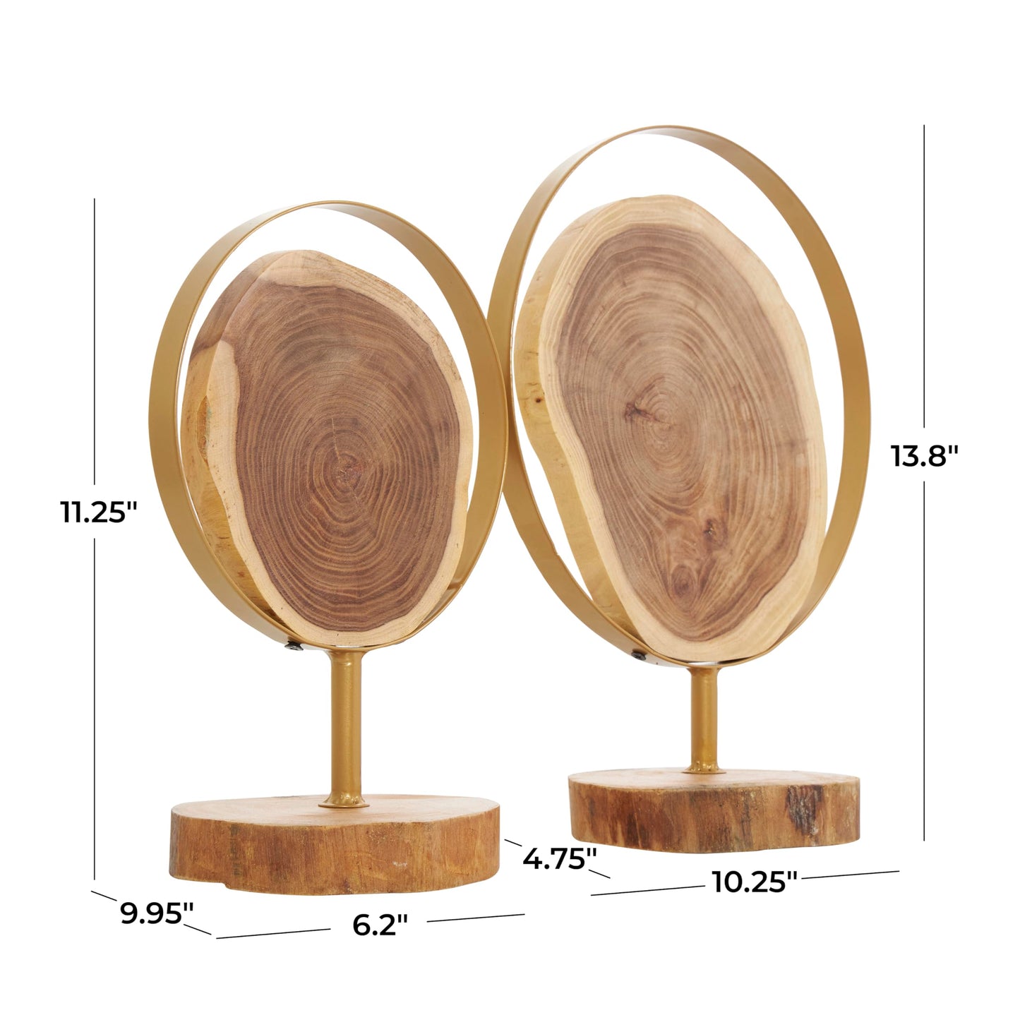 Deco 79 Wood Abstract Handmade Decorative Sculpture Live Edge Slab Home Decor Statues with Gold Metal Rings, Set of 2 Accent Figurines 14", 11"H, Brown