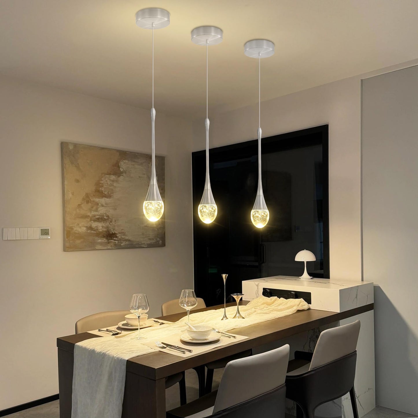 ykolupty Modern Pendant Lights for Kitchen Island Silver Raindrop Crystal Hanging Light Fxitures Mini Pendant Light Fixture for Dining Room Bar Bedroom (3pack