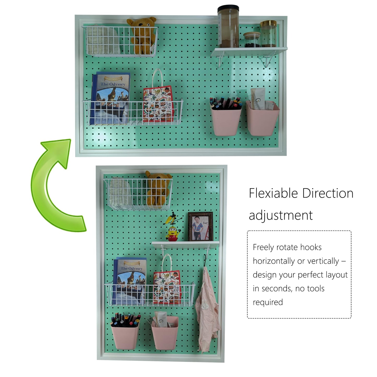ARTAWEIN Pegboard Organizer - Craft Peg Board, Nursery Storage, Wall Organizer and More, Comes with 1 x Free Shelf Fits Most 1/4" and 1/8" Pegboard Accessories (Mint Green)