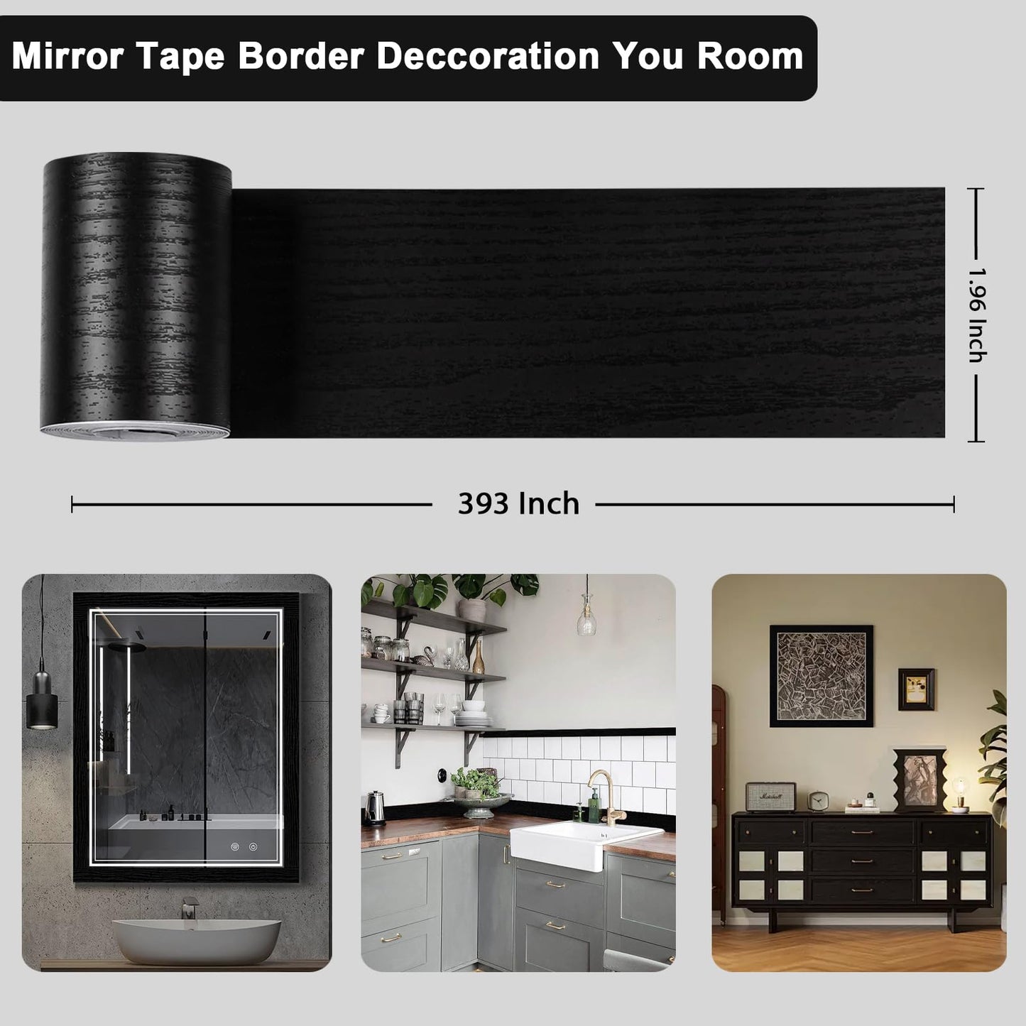 Alened 10M Black Wood Grain Mirror Frame Border Peel and Stick Wallpaper, Removable PVC Waterproof Bathroom Mirror Tape Sticker Trim, Kitchen Wallpaper Self Adhesive Decor Sticker 2" x 393"