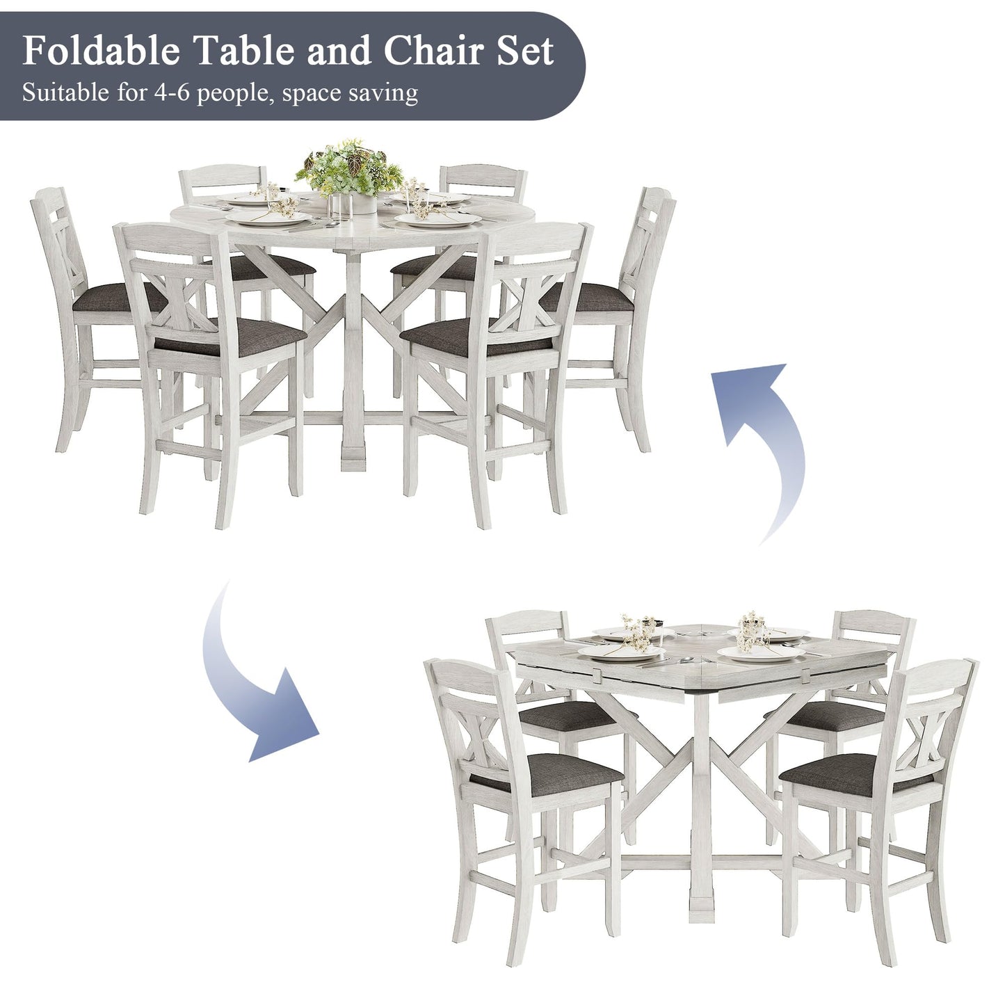 VECELO 7-Piece Solid Wood Foldable Dining Table Set for 6, Farmhouse Round Dining Table with 6 Upholstered Dining Chairs for Dining Room, Kitchen, Washed Gray