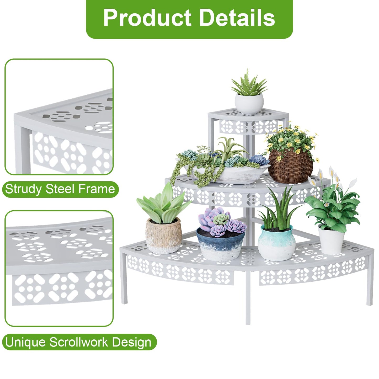 3 Tier Plant Stand Semi-Circular Flower Pot Organizer Rack Quarter Round Plant Display Holder Outdoor Storage Shelves Metal Corner Shelf Planter Shelving Ladder Plant Stand for Indoor Use(White)