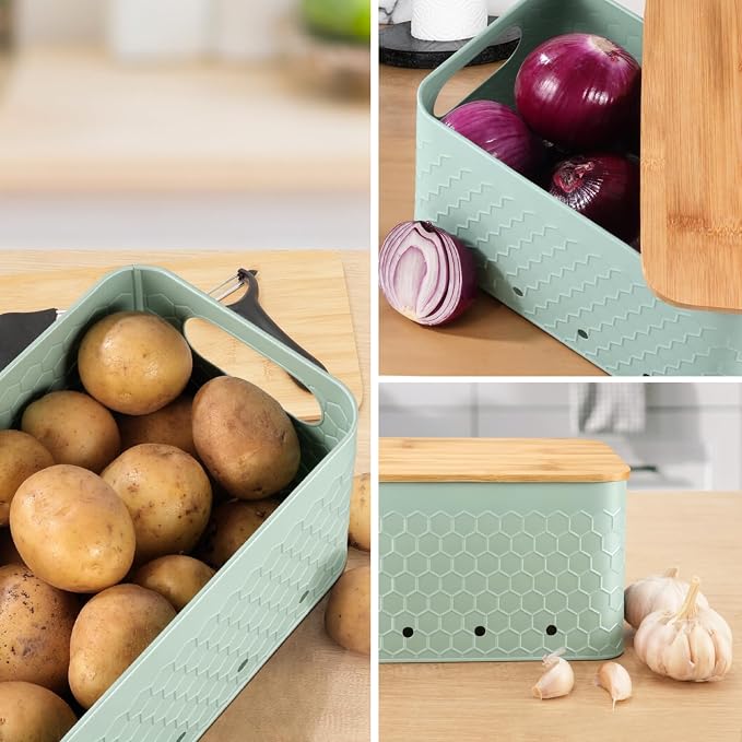 Kitchen Vegetable Storage Set of 3, Metal Onion Garlic Potato Storage Set, Kitchen Canisters Vegetable Keeper Containers with Aerating Holes and Bamboo Lid,Embossed Saga Green