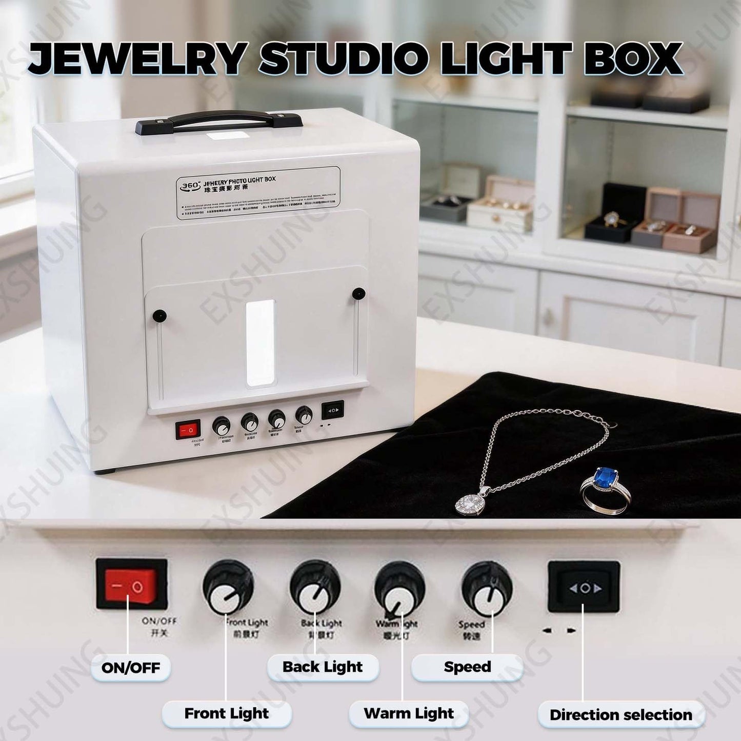EXSHUING Jewelry Hanging Photography Kit, Product Photography Box – 360° Rotating & Hanging Support, 4 Led Fill Lights, Dimmable Brightness, 3000-5500k, 1kg/2.2lbs Turntable, Rings, Necklaces(TB30)