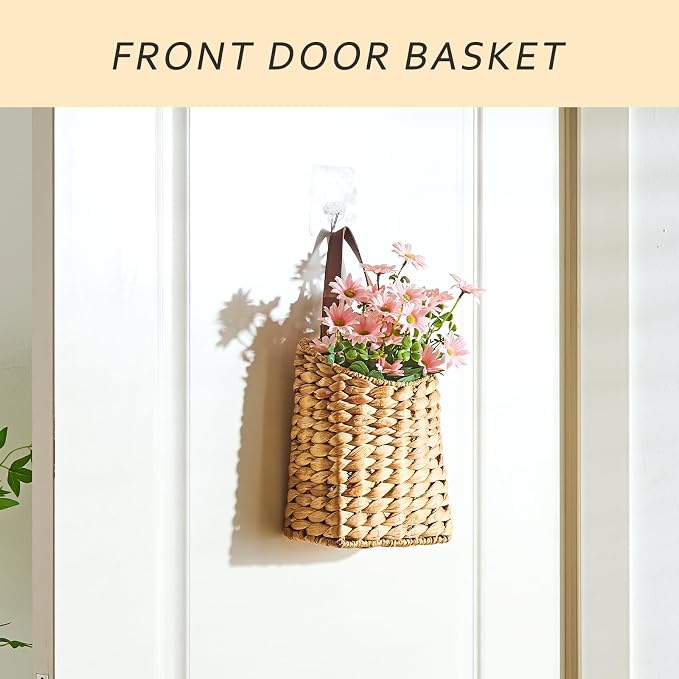Wall Hanging Pocket Basket Portable Water Hyacinth Storage Basket Decorative Boho Mounted Organizer Dried Flower Plants Front Door Basket for Garden Farmhouse Home