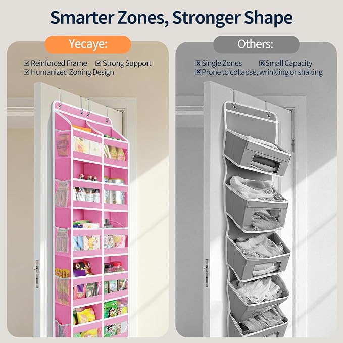Yecaye 5-Tier Over The Door Organizer Dual-Column, 80lbs Load Stuffed Animal Storage of 10 Compartments, Heavy Duty Door Organizer Hanging for Bedroom Dorm Bathroom Pantry, Macaron Pink, 1 Pack
