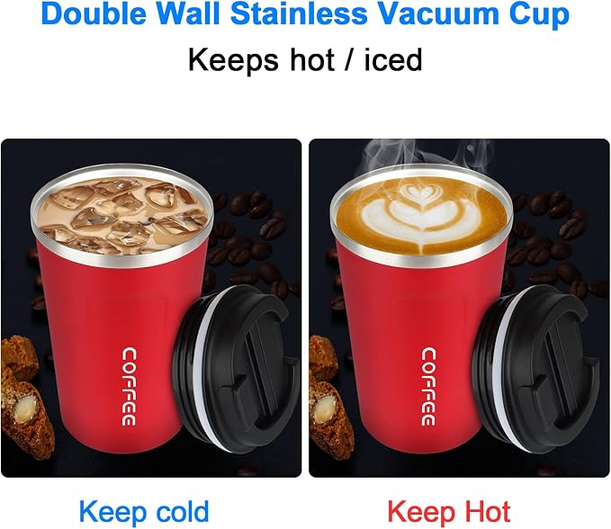 CS COSDDI 12 oz Stainless Steel Vacuum Insulated Tumbler - Coffee Travel Mug Spill Proof with Lid - coffee Cup for Keep Hot/Ice Coffee,Tea and Beer （Red）