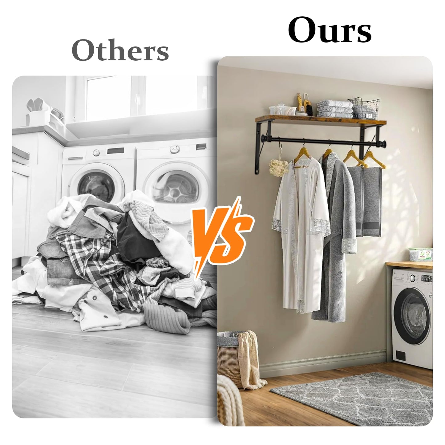 Wall Mounted Closet Organizer with Adjustable Hanging Rod and Storage Shelf, Heavy Duty Closet Shelf with Hanging Rod, Space Saving Wall Hanging Rack for Bedroom, Bathroom, Laundry Room, Kitchen