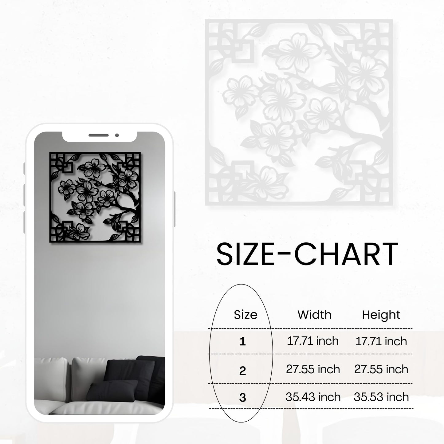 Metal Wall Decor | 35'' x 35'' x 0.05'' Cherry Blossom Asian Style Art Themed Wall Decorations | Handmade Indoor and Outdoor Wall Art (35'' x 35'', Cherry Blossom Asian Style, Black)