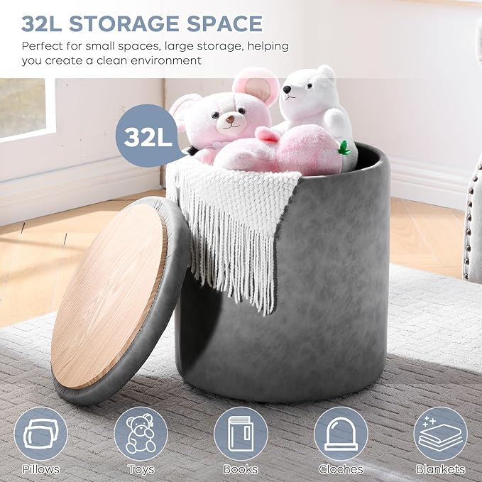oakvivo 12.6" W x 14.17" H & 14.76" W x 17.32" H Storage Ottoman Foot Stool for Couch, Nesting Round Vanity Stools Padded Ottomen, Leather Set of 2 Footrest for Living Room,Grey