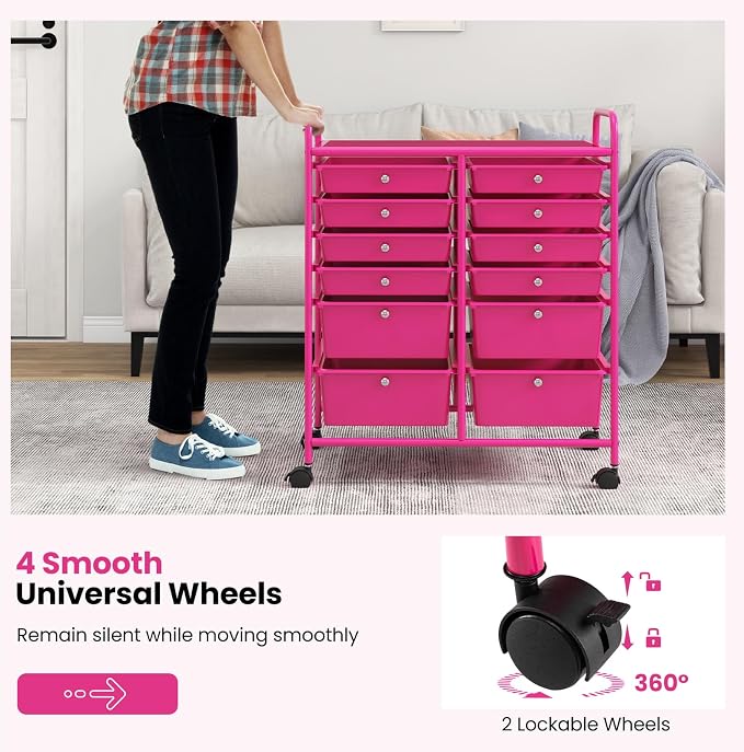 LDAILY 12 Drawer Rolling Storage Cart, Craft Cart Organizer on Wheels w/Metal Frame, Large Capacity & Smooth Drawer, Rolling Cart w/Drawers for Classroom, Office