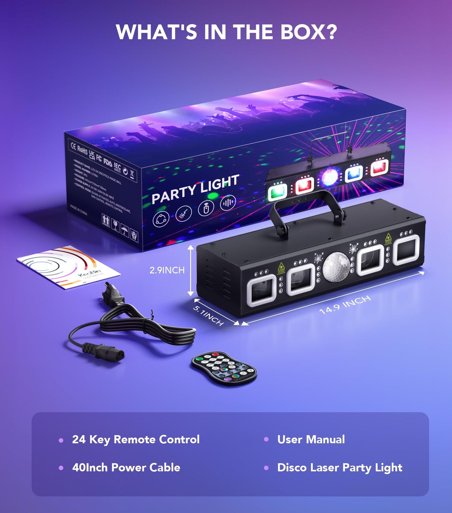 KeoBin DJ Lights for Parties, Pro 6 in 1 DMX & Sound Activated Laser Light Show Machine with Disco Ball Light, RGBW & UV Strobe Party Lights Indoor for Rave Club Dance Bar Gig DJ Lighting