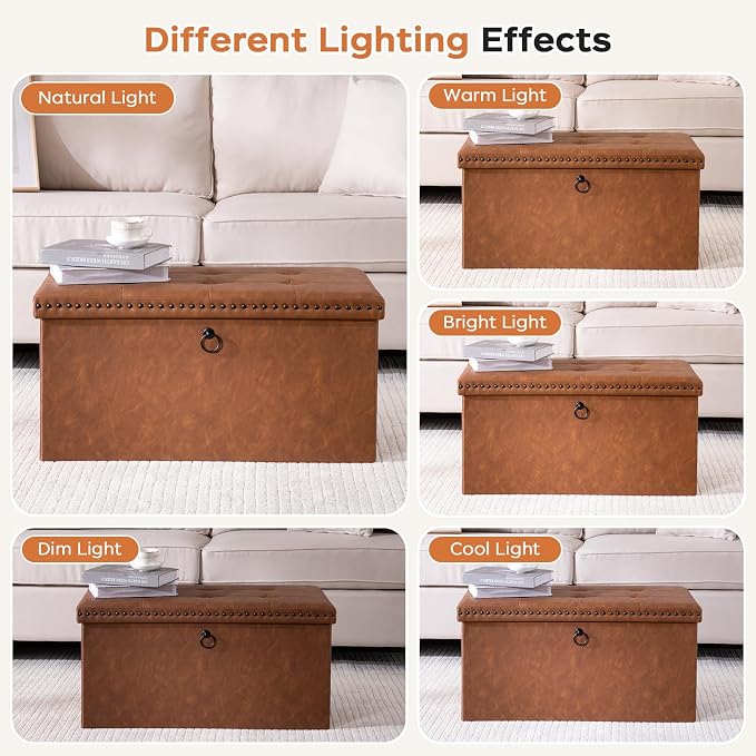oakvivo 30 Inches Folding Storage Ottoman Bench, PU Leather Tufted End of Bed Bench, Foot Rest with Rivet Design, Ottoman with Storage, Load 330 lb, for Living Room, Bedroom, Entryway, Brown