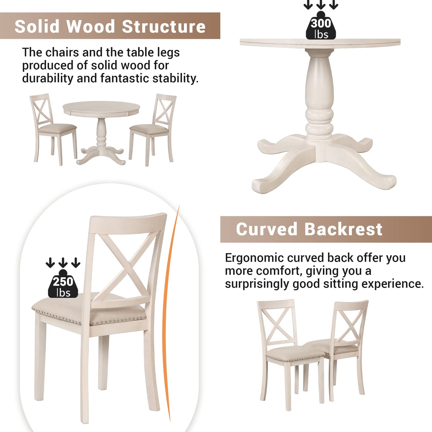GDFStudio Modern Round Dining Table Set for 4, 5-Piece Kitchen Table with Extendable Oval Top and 4 Solid Wood Chairs, Small Space Furniture for Dining Room, Breakfast Nook, Dinette, Antique White