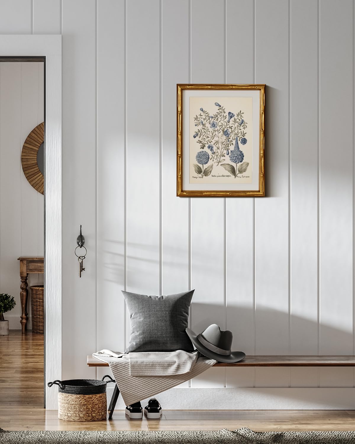 InSimSea Gold Bamboo Framed Canvas Wall Art, Retro Blue Hydrangea Botanical Prints, Antique Flowers Picture Frame with Mat, Victorian Home Wall Decor for Kitchen Living Room Bedroom, 11x14inch