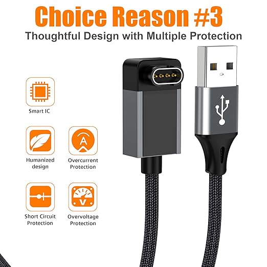AGVEE 2 Pack 1.5ft Charger for Garmin Watch, L-Shape Zero Gap Charging Cable for Fenix, Forerunner, Vivoactive, Instinct, Venu, Tactix, Approach, D2, Quatix Series, Right Angle Braided, Dark Gray