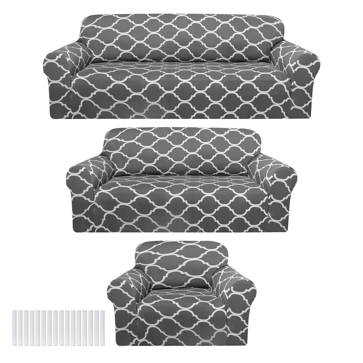 Peryiter 3 Pcs Couch Cover Set for Living Room Furniture Covers for Couch and Sofas Loveseat Arm Chair Slipcover, Furniture Protector, Stretch, Wrinkle Free (Dark Gray)