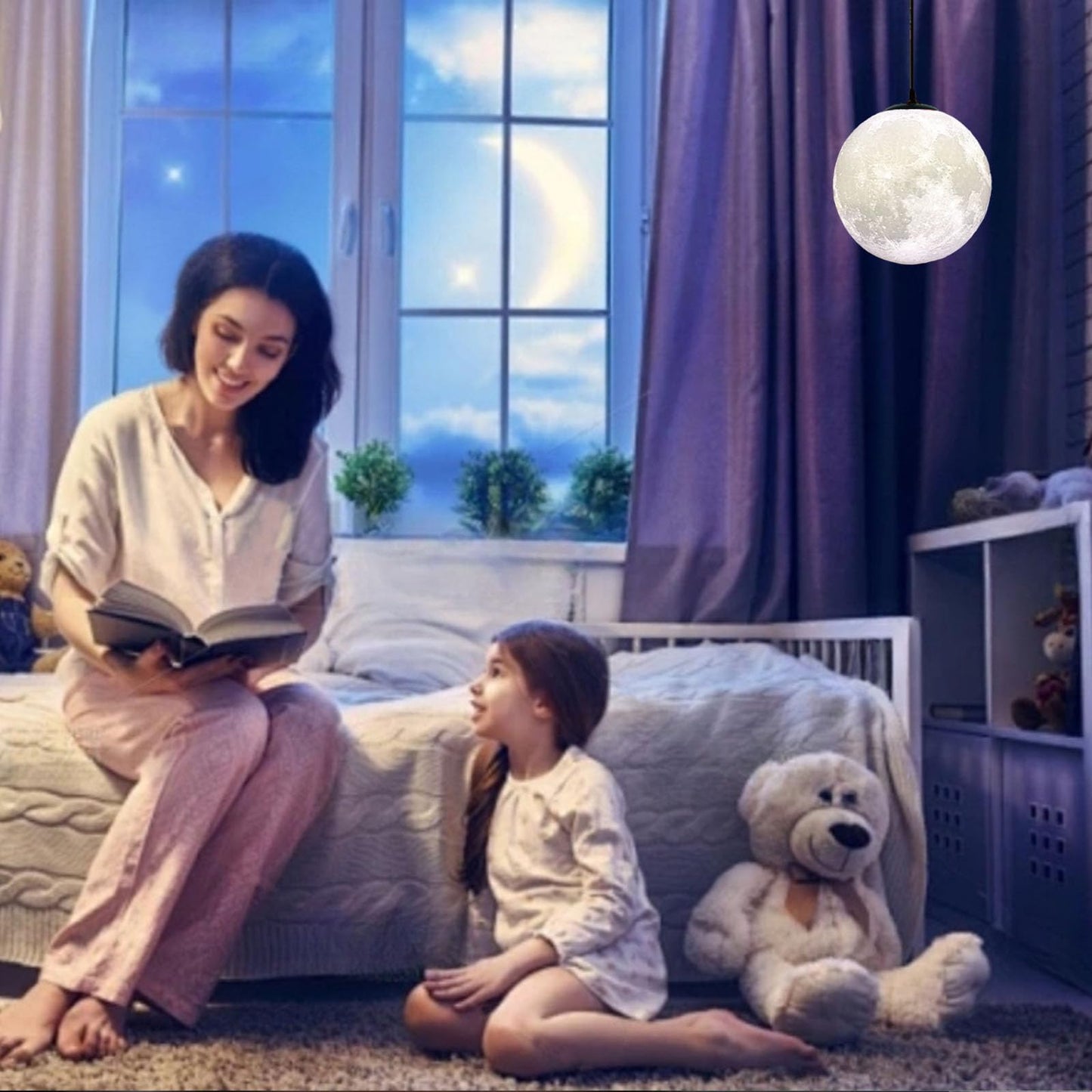 HFUGUD Modern Led Moon Pendant Lights Fixture,Light Up Globe Night Light,3D Printed Galaxy Moon Lamp for Kids and Adults Bedroom Childrens Room Etc Ceiling Light Decor Gift (LED Bulb Included)