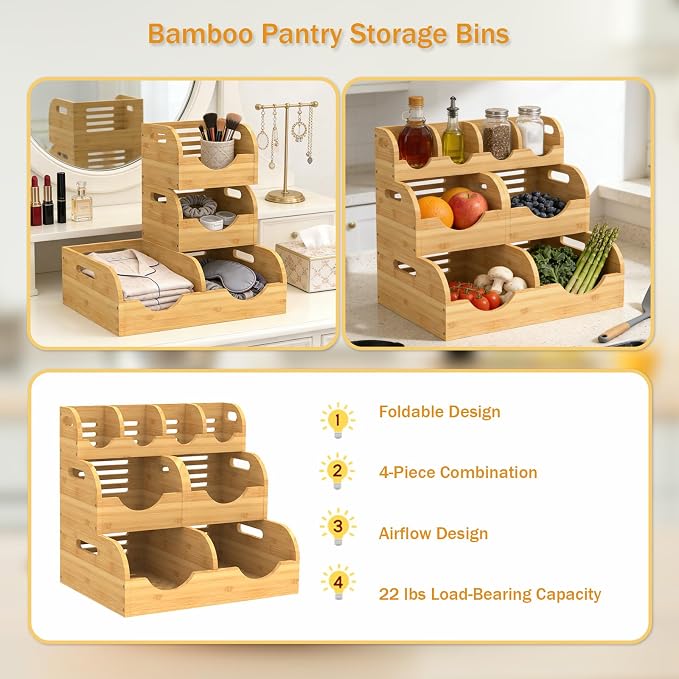 Upgraded 3 Tier Bamboo Pantry Storage Bins,Large potato storage With 2 Banana Hangers,Stackable Potato and Onion Storage Bin with Airflow Vent, Pantry Baskets, Vegetable Storage,for Kitchen Countertop
