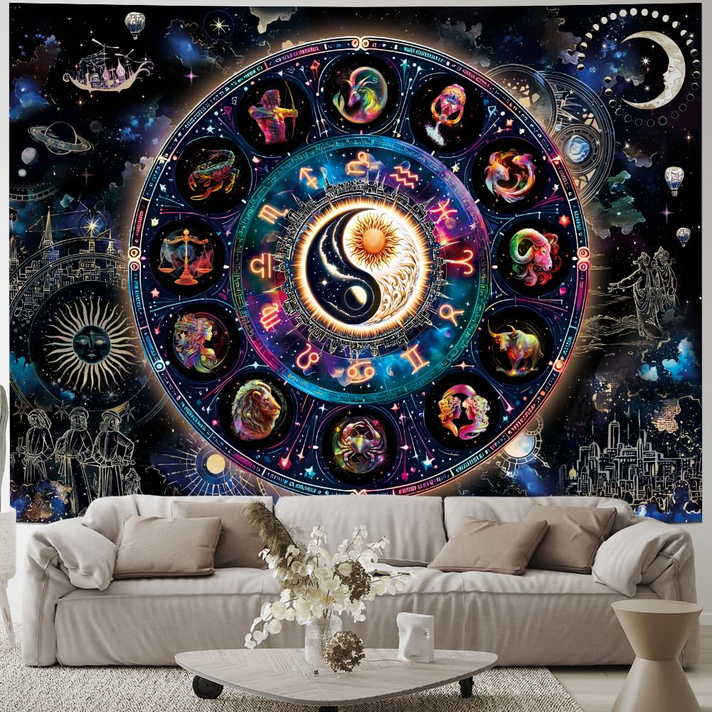 Lahasbja Blacklight Constellation Tapestry UV Reactive Sun and Moon Tapestries Spiritual Zodiac Astrology Wall Tapestries Galaxy Wall Decor Mystic Yin Yang Wall Hanging for Bedroom