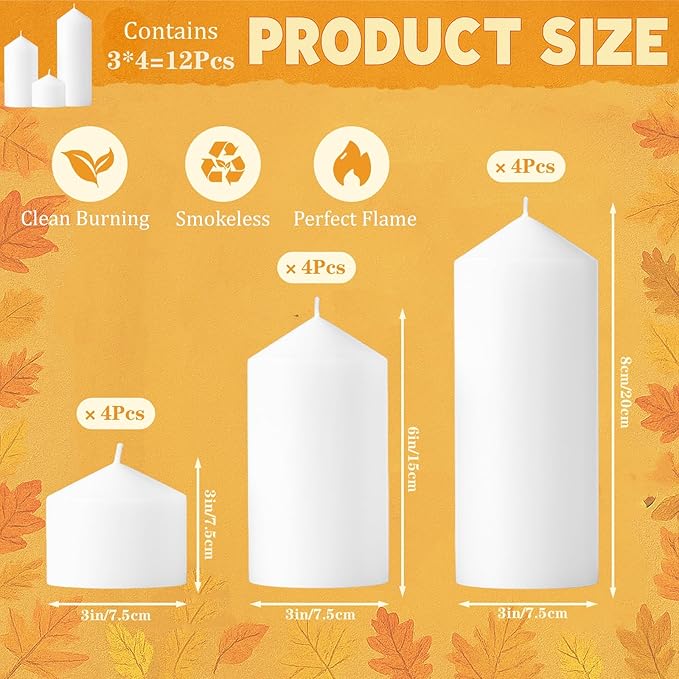 White Pillar Candles Bulk Set of 12,3 Different Lengths 3 x 3/6/8 Inch (4 Each),Hurricane Candles,Dripless Unscented Smokeless,Gives You a Better Atmosphere When Organizing an Event Party.