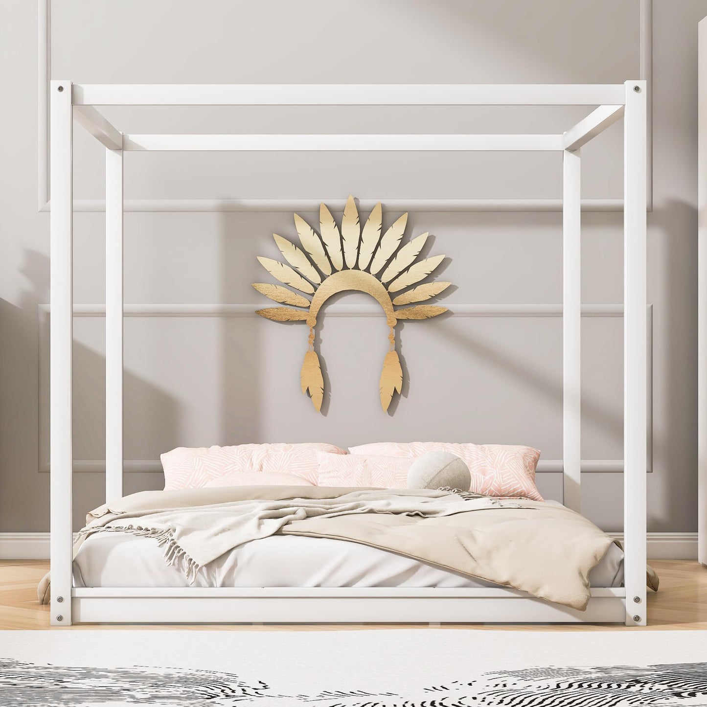 Merax Wooden Canopy Platform Bed Frame King Size Floor Bed/Mattress Foundation with Slat Support White