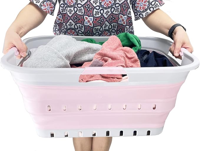 SAMMART 42L (11 gallon) Collapsible Plastic Laundry Basket - Foldable Pop Up Storage Container/Organizer - Portable Washing Tub - Space Saving Hamper/Basket (Grey/Pale Pink)