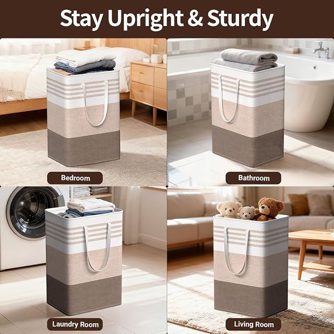WOWBOX 2 Pack Laundry Baskets, Laundry Hampers, Freestanding Dirty Clothes Hampers with Reinforced Handles & Cross Stitch & Waterproof Coating, for Laundry Bedroom Bathroom Dorm,75L Khaki