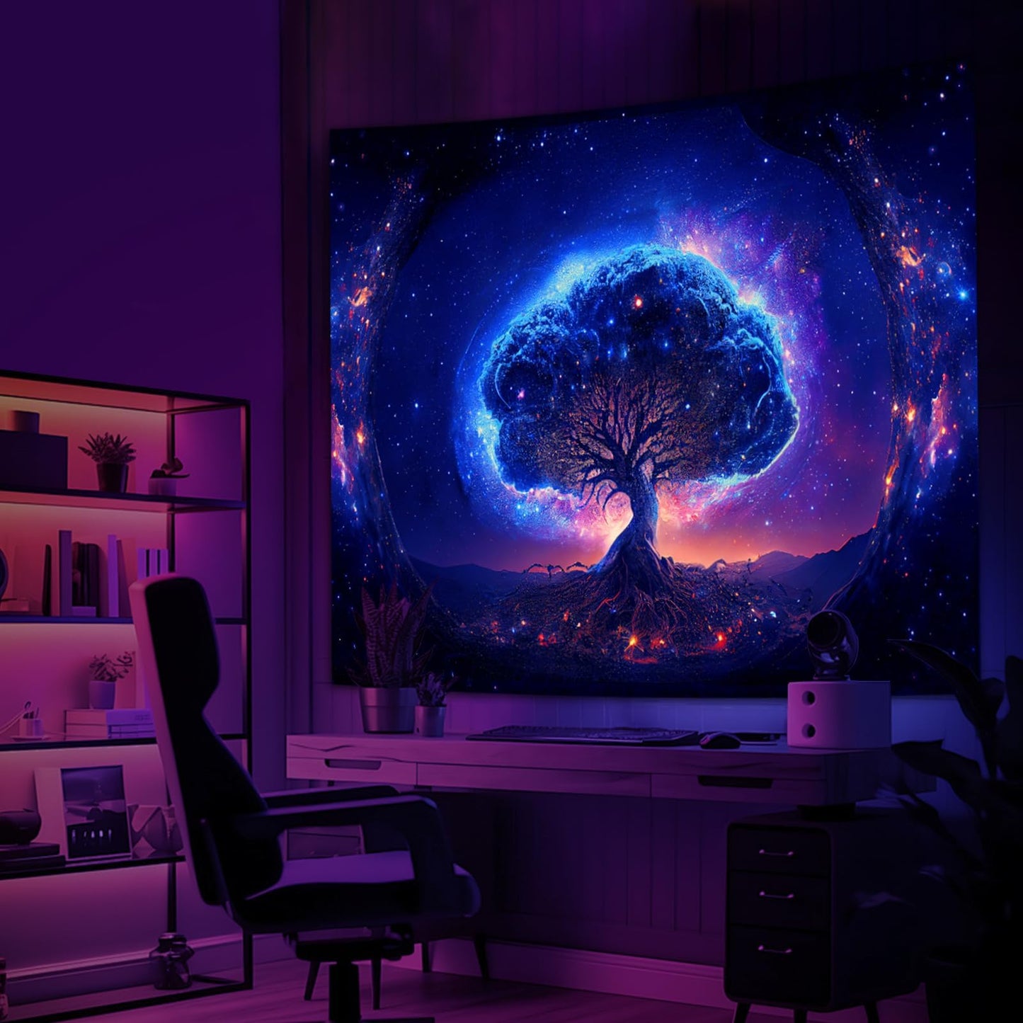 Avinyl Blacklight Tree and Space Tapestry for Bedroom, Aesthetic Cool Black Light Tree of Life Tapestries for Girl, Fantasy Stars Galaxy Wall Hanging for Living Room Teen Dorm Decor (51" x 60")
