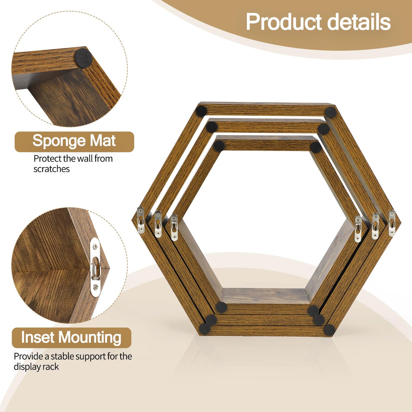 YBING Hexagon Shelves for Wall, Wood Honeycomb Floating Shelves Set of 6,Farmhouse Hexagonal Decorative Storage Shelf MDF for Living Room Bedroom Brown