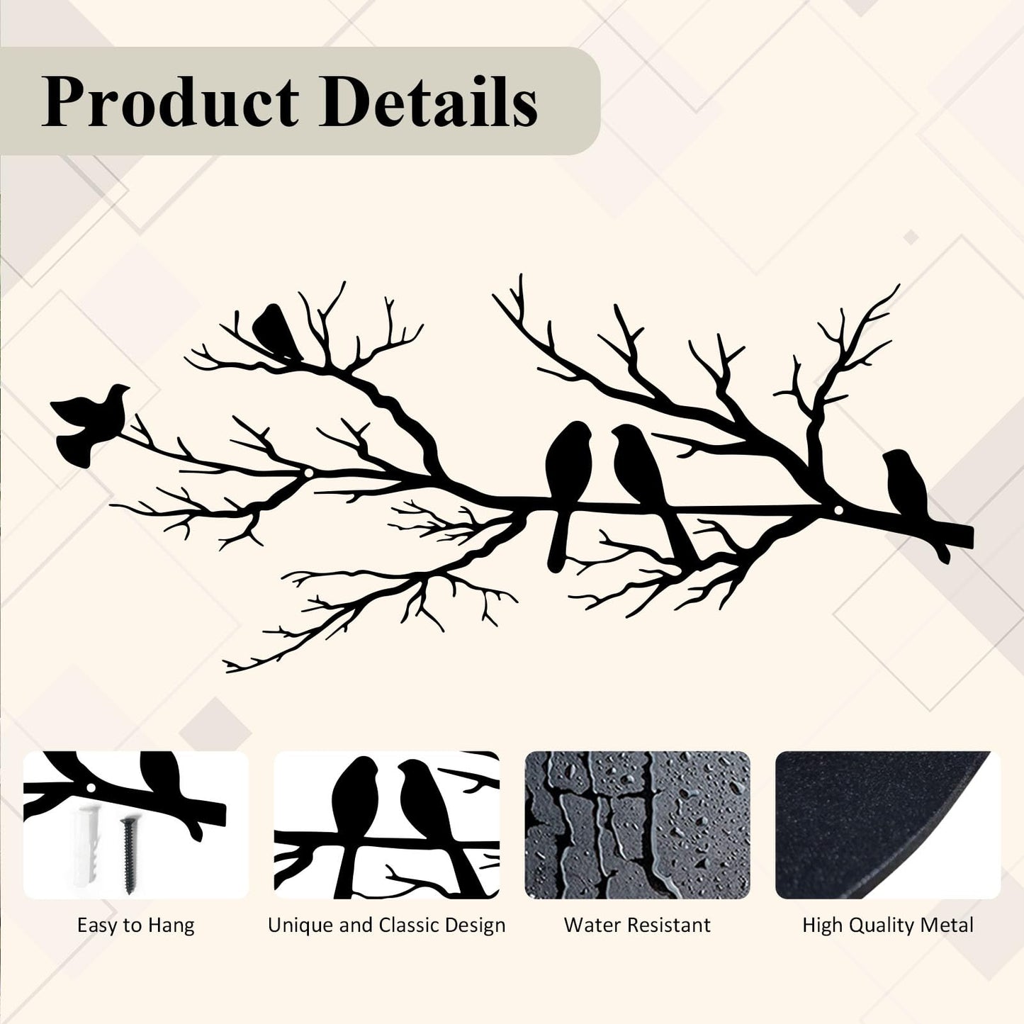 ESTART Metal Birds Wall Art, Metal Vivid Birds on Branch Silhouette Wall Decor Black Leaves with Bird Outdoor Hanging Wall Sculpture for Home Balcony Garden (Small)