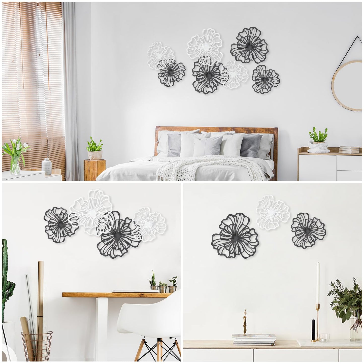 7 Piece Metal Wall Decor for Living Room, Boho Double Layered Iron Flower Wall Hanging Art, Aesthetic Indoor Metal Wall Sculpture Decor for Bedroom Kitchen Bathroom Farmhouse Home Office, Black-White
