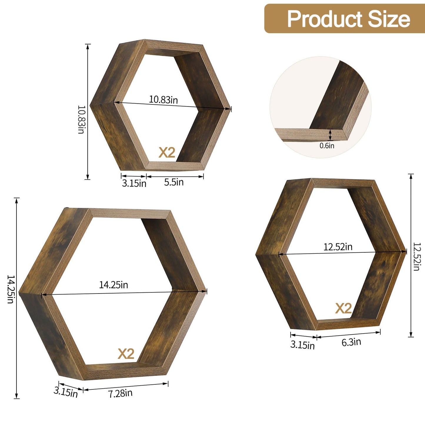 YBING Hexagon Shelves for Wall, Wood Honeycomb Floating Shelves Set of 6,Farmhouse Hexagonal Decorative Storage Shelf MDF for Living Room Bedroom Brown