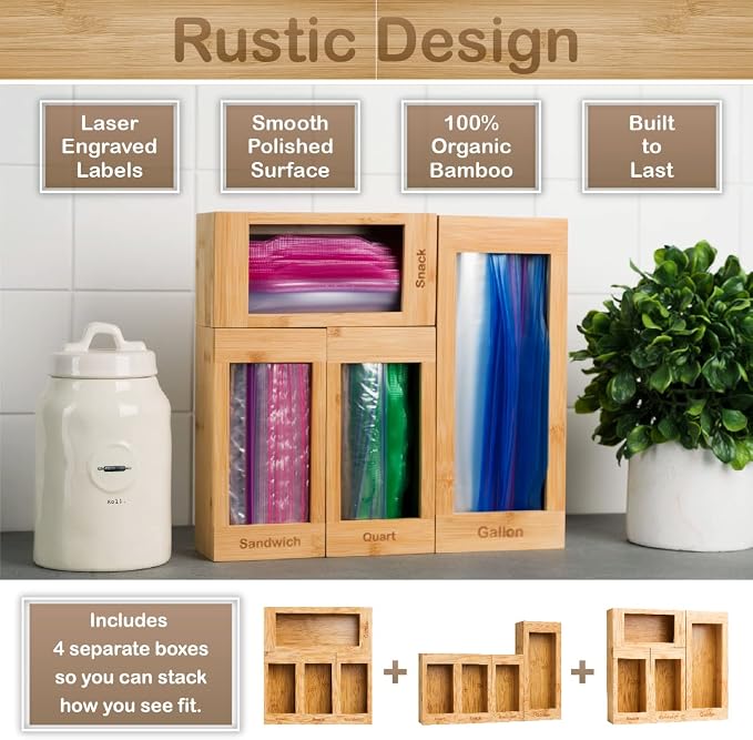 Bartnelli Bag Organizer for Kitchen Storage Organization, 4 PC Premium Bamboo Drawer Organizer, Bag Holder Dispenser
