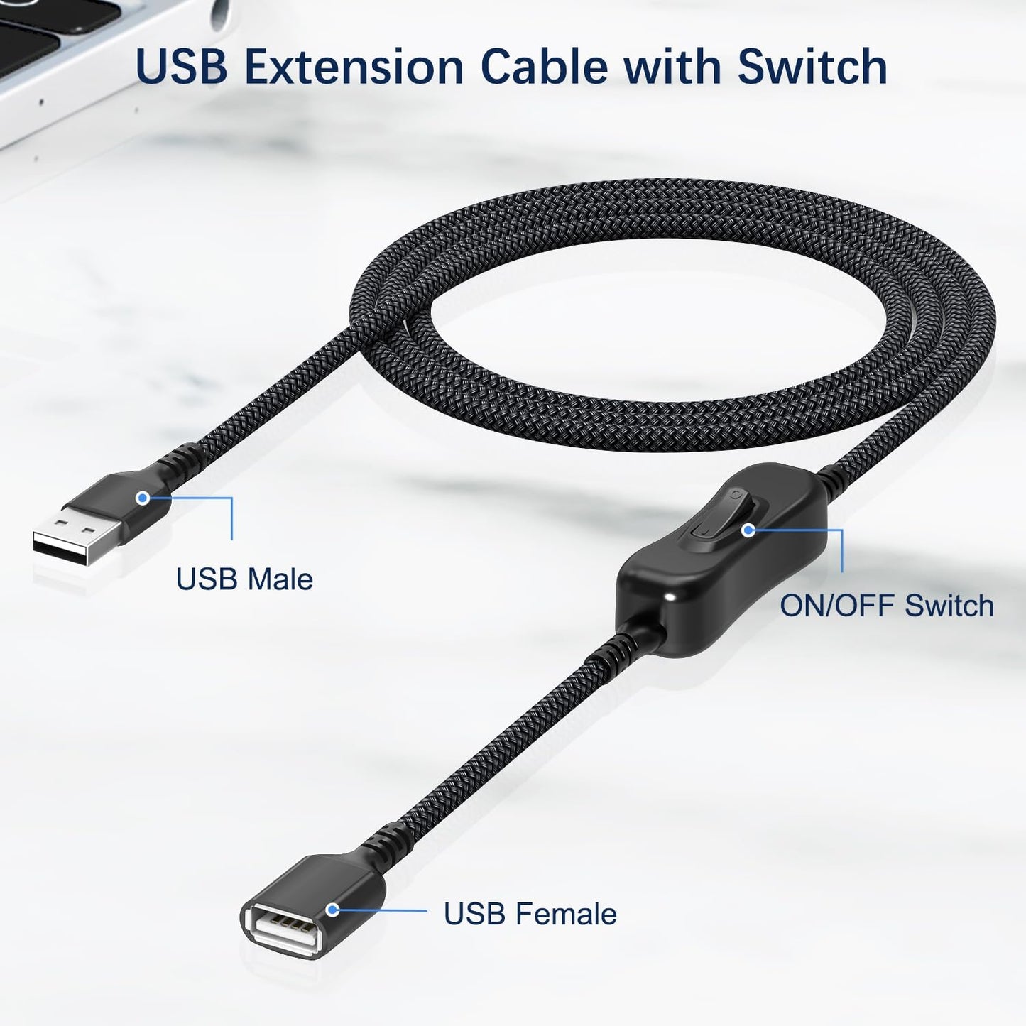 3.3FT/1M,Inline Itramax USB On Off Switch Cable,USB Extension Cable Support Data and Power Power Switch,Male to Female