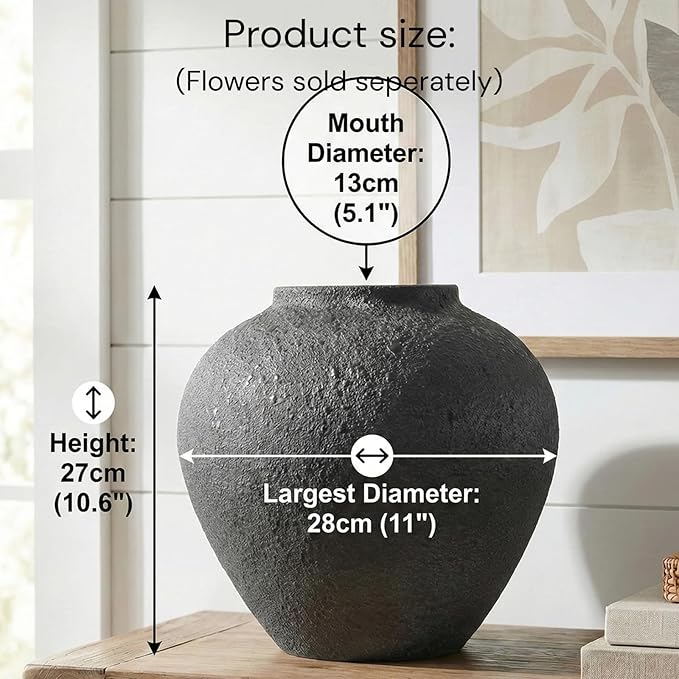 Black Large Round Vase Pottery Look for Home Decor, Arina Black Rustic Iron Vase Modern Farmhouse, Console Table Decor, Earthy Textured Metal Big Black Round Vases for Centerpieces, Jarrones Grandes