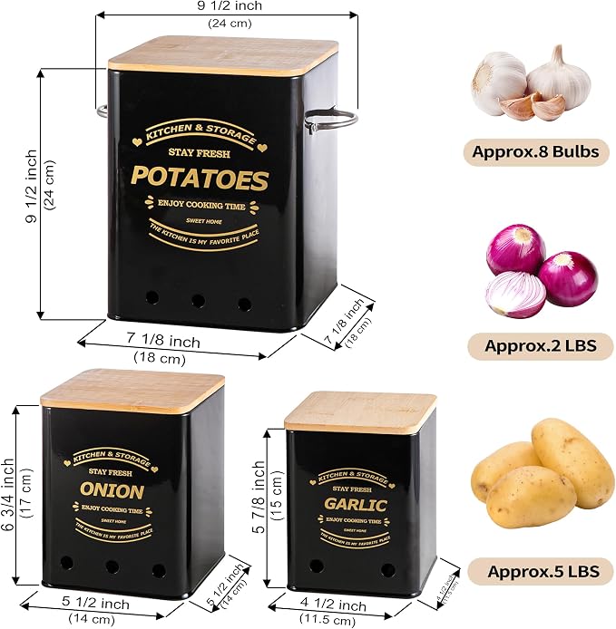 Potato Onion and Garlic Storage Bin Set of 3, Metal Kitchen Vegetable Canisters with Bamboo Lid and Aerating Holes, Stackable Kitchen Storage Tin for Countertop Pantry