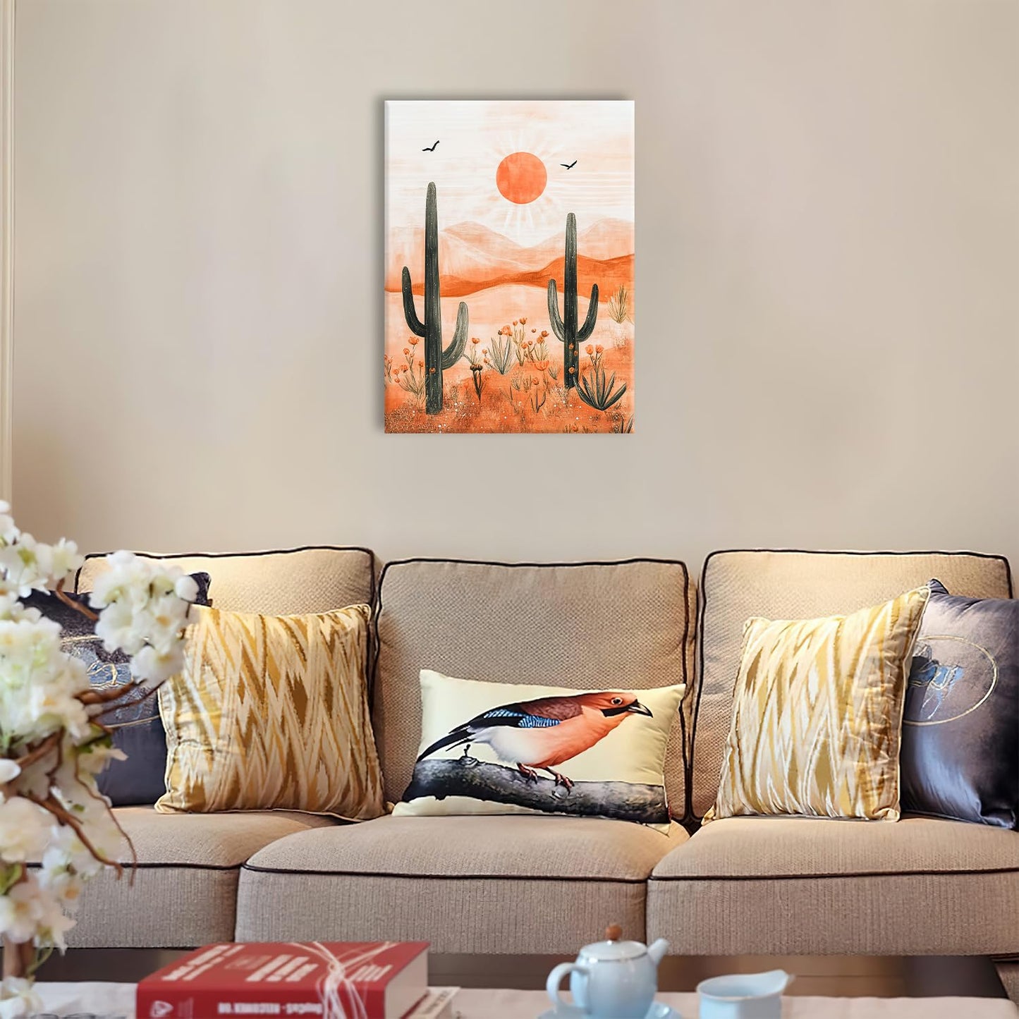 Cactus Desert Boho Canvas Wall Art for Bathroom Living Room Bedroom Office,Succulent Sunset Landscape Pictures Decor Painting Print Home Artwork Framed Decoration 12" x 16"