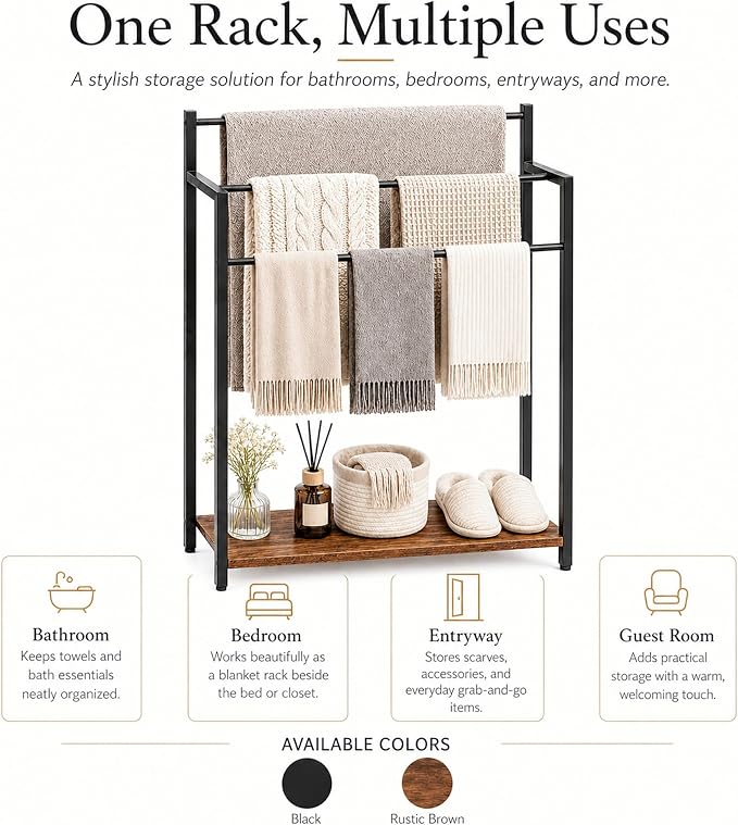 24.8" W Freestanding Towel Rack, 3 Tier Blanket Ladder Stand with Rustic Brown Wooden Shelf for Bathroom Living Room