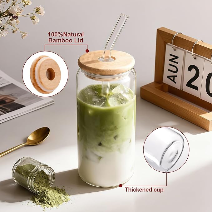Iced Coffee Cups with Lids 2 pcs: 20 oz Glass Cups with Lids and Straws as Coffee Bar Accessories - Beer Drinking Glasses - Reusable Glass Tumbler,Cute Coffee Cups for Coffee,Juice,Gifts