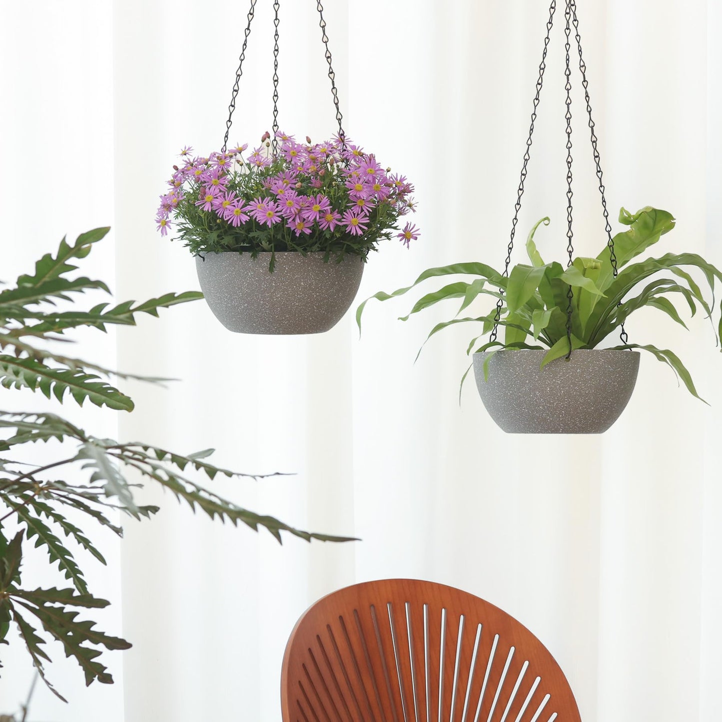T4U 8 Inch Hanging Planters for Indoor Plants, 2 Pack Hanging Planter, Hanging Plant Pots with Drainage Holes and Chain, Hanging Basket Pots for Garden Home Porch Decor,Grey
