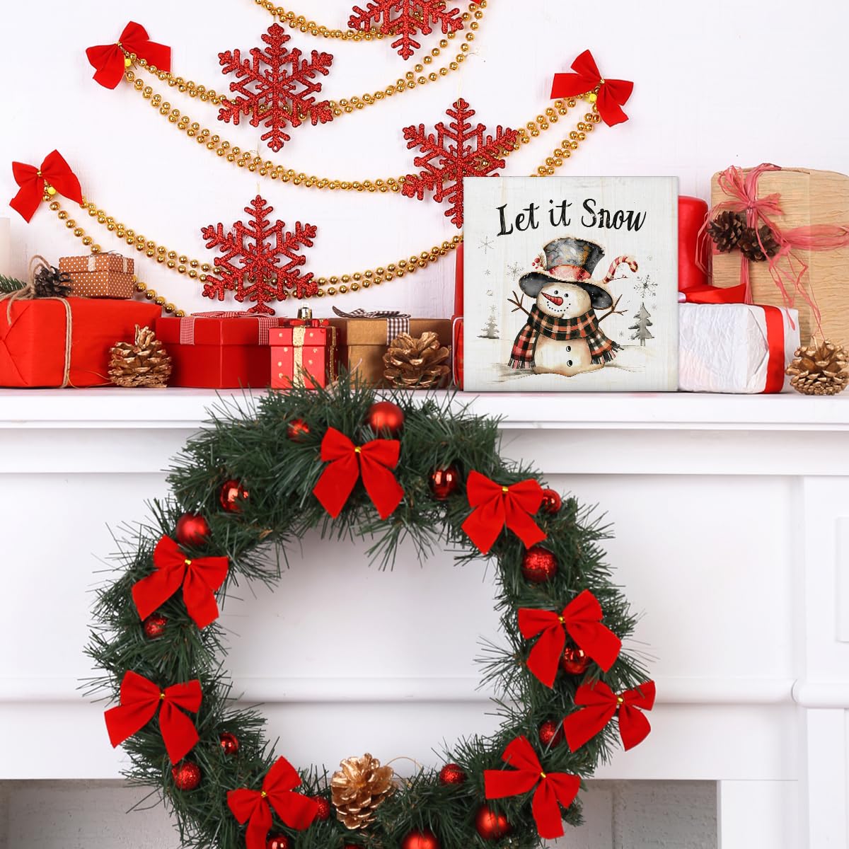 Let It Snow Christmas Decorations - Snowman Decor, Christmas Winter Wooden Sign, Home Decor for Desk Table Shelf 5 X 5 Inches