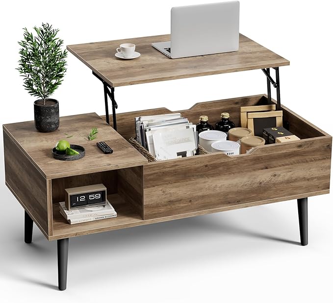 OLIXIS Wooden Coffee Table, Lift Top Coffee Stand with Large Hidden Compartment and Ample Storage Shelf, Lift Tabletop Dining Table for Living Room, Home Small Space, Grey