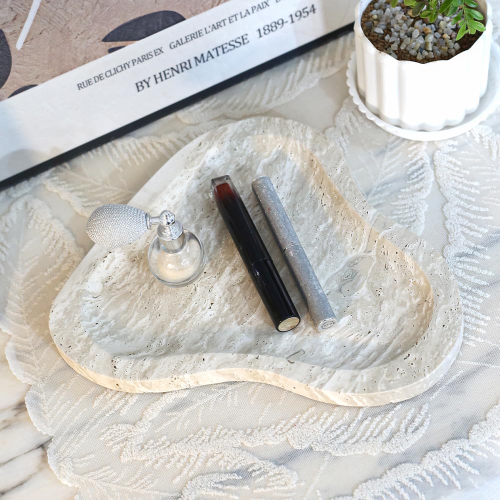 Yfstone Natural Marble Oval Jewelry Dish, Trinket Tray for Ring & Earring Holder, Vanity/Nightstand Decor with Unique Natural Veins, Gift for Women/Mom/Daughter