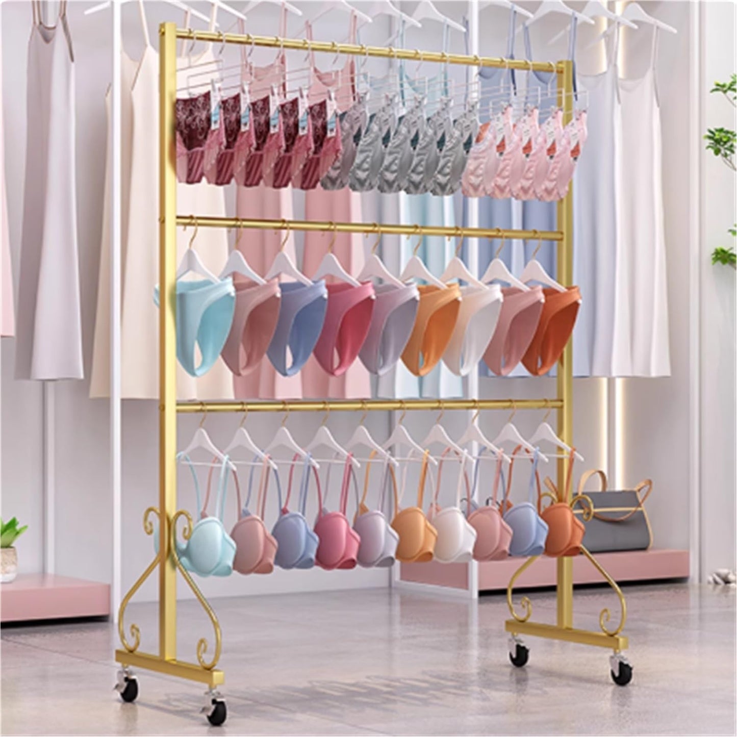 Lingerie Bra Rack with Wheels, Metal, 3 Tier Underwear Display Stand, Anti-Slip, Retail Showshelves, Commercial Clothing Store Shelf, for Shorts, Hats, Sock(Gold,80 * 40 * 130cm)