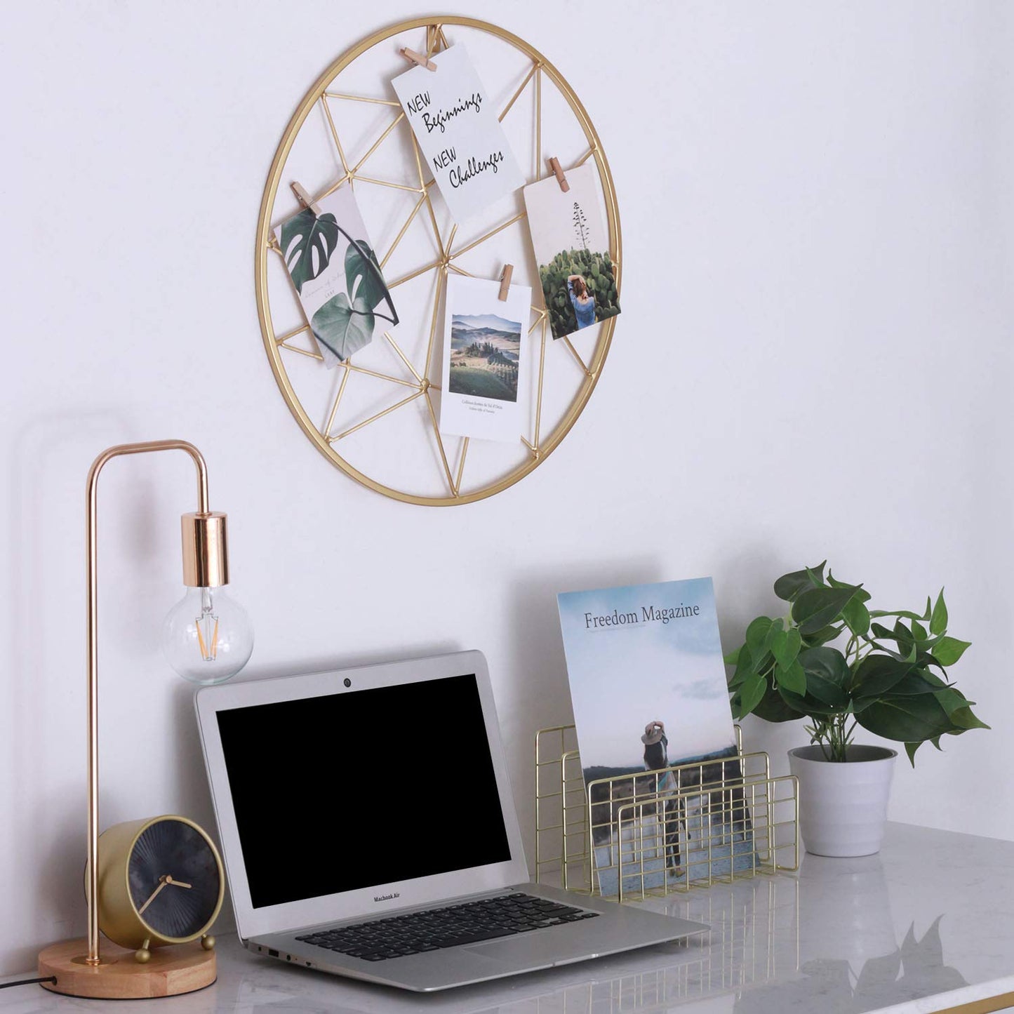 Yamfurvo Round Wall Gird Panel, Hanging Display Stands, Multifunctional Wire Photo Momo Organizer & Shelves for storage, Decorative Wall Storage Organizer Rack, Gold