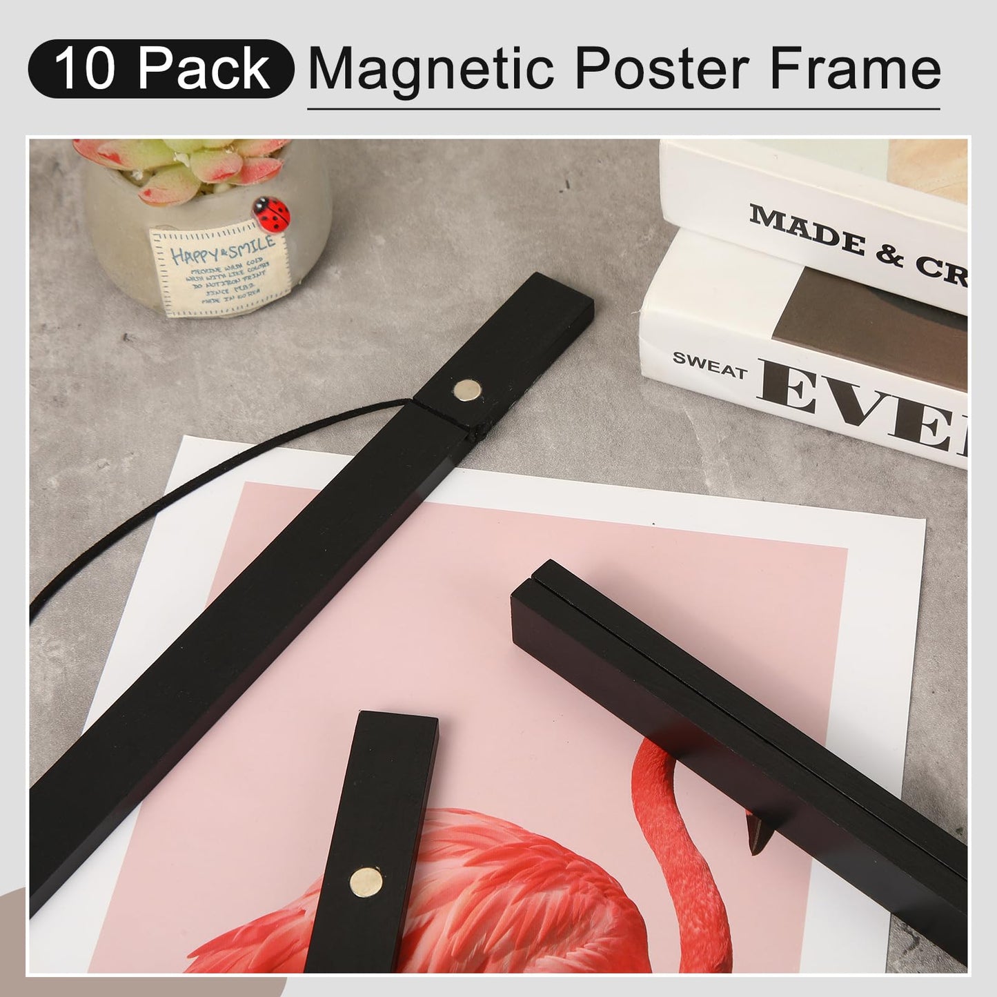 Thyle 10 Pack Magnet Poster Hanger Frame 12x16 12x18 12x24 Light Pine Wood Magnetic Rails Hanging Frame with Rope Magnet Poster Hanger for Photo Picture Print Map (Black,12 Inch)