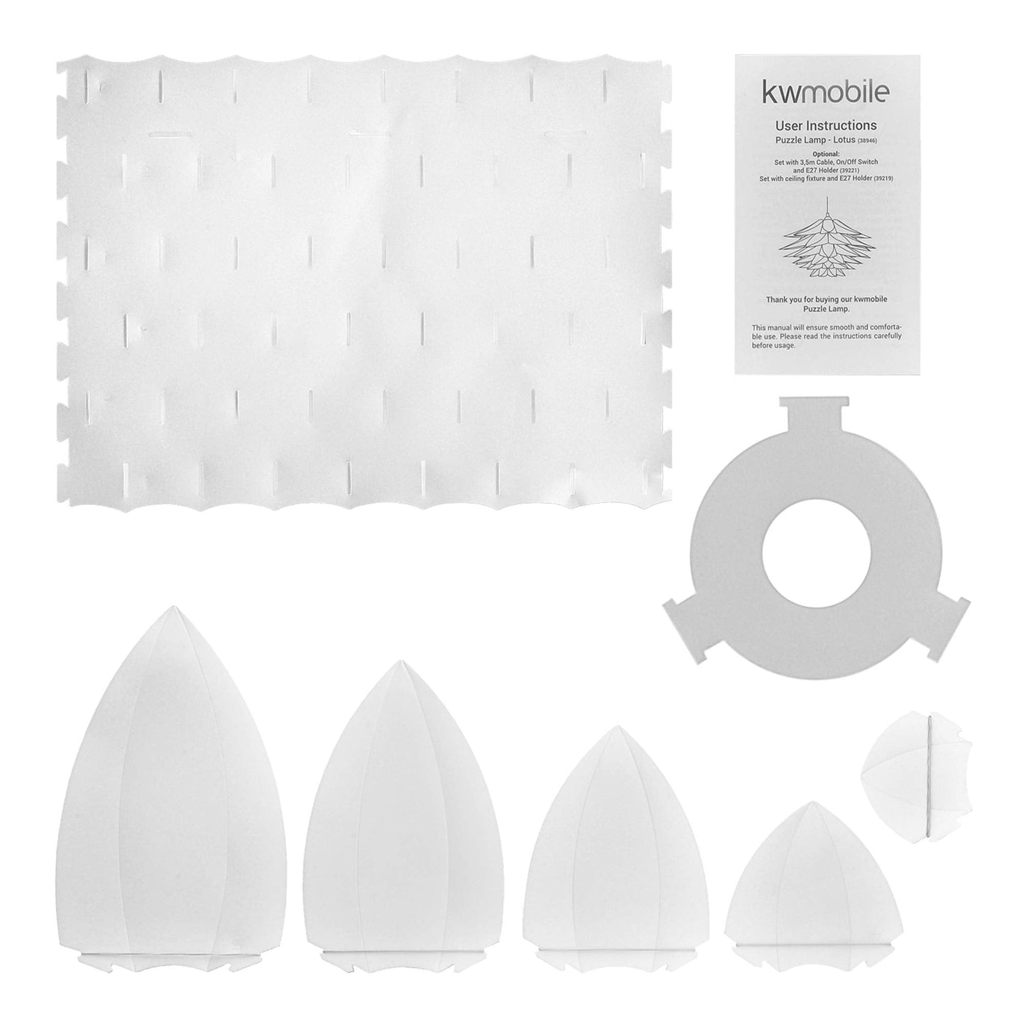 kwmobile Hanging Puzzle Lamp Kit - Lotus Flower 19.7" (50cm) Modern Ceiling Pendant Light with DIY Shade to Assemble and 15ft Plug-in Power Cord