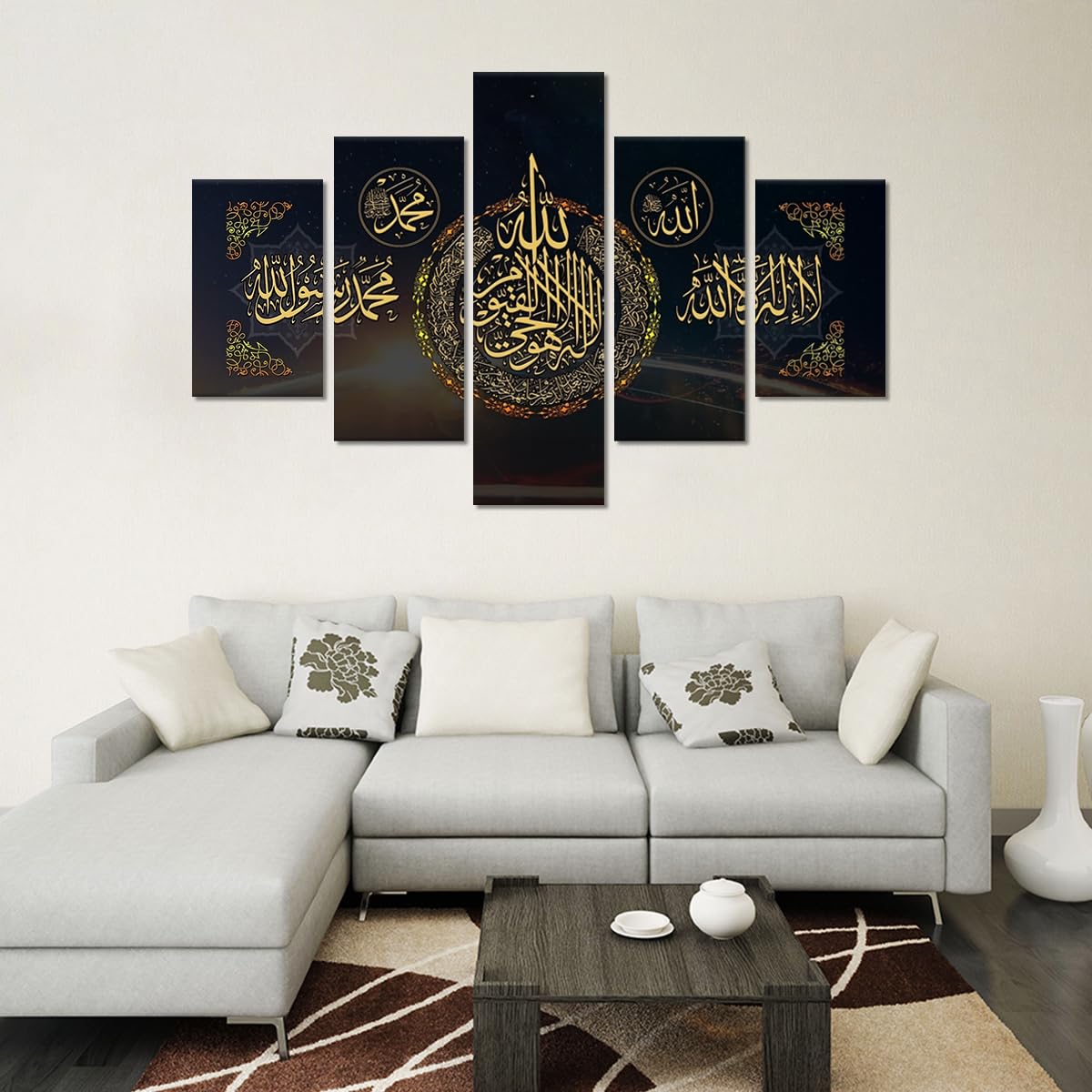 5 Piece Art Arabic Calligraphy Islamic Canvas Print Wall Art Muslim Painting Artwork Religious Posters for Living Room Bedroom Decor Framed 60''W x 40''H